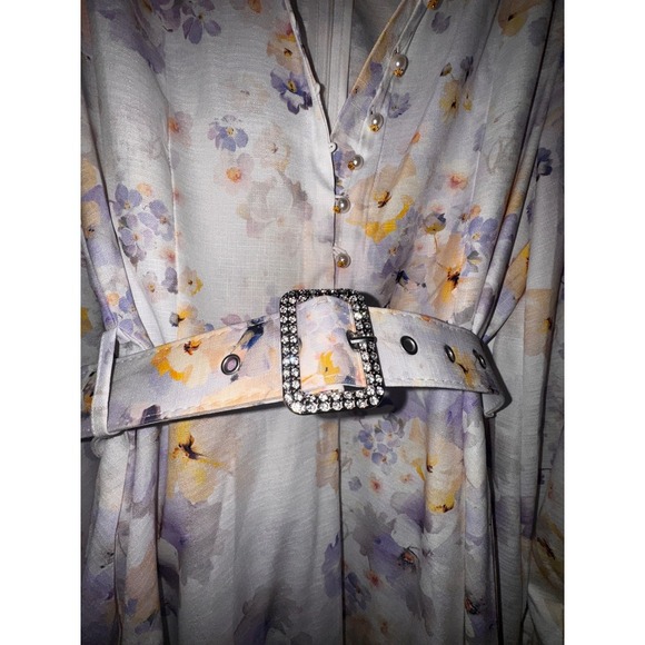 Floral Mini Dress Bishop Sleeve Pearl Button Belted Party Cocktail Dress - Picture 4 of 9